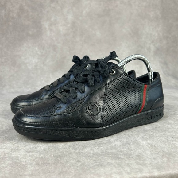 GUCCI Black Leather GG‎ Sneakers COA Sz 7 G Low Sherry Line Perforated 170573 - Picture 1 of 11